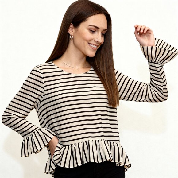 Chic Striped Ruffle Hem Blouse | Long Sleeve Flowy Top | Size Large - Picture 1 of 10